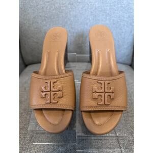 Tory Burch Lowell 2 80mm Wedge Sandals Slip On Slide Royal Tan Leather Size 8.5